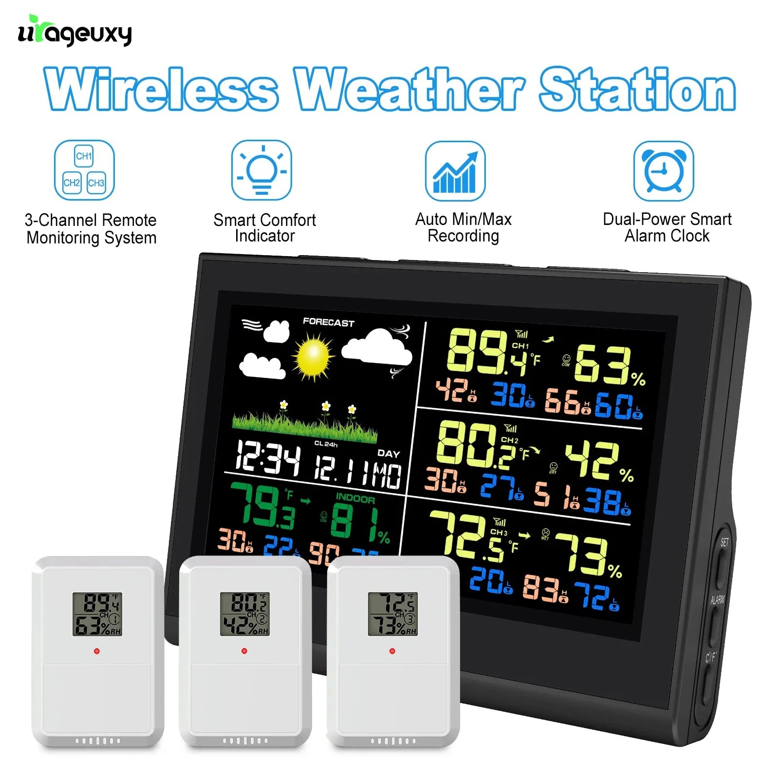 Smart Wireless Weather Station with 3 Sensors Large Color Display Indoor... — View 2