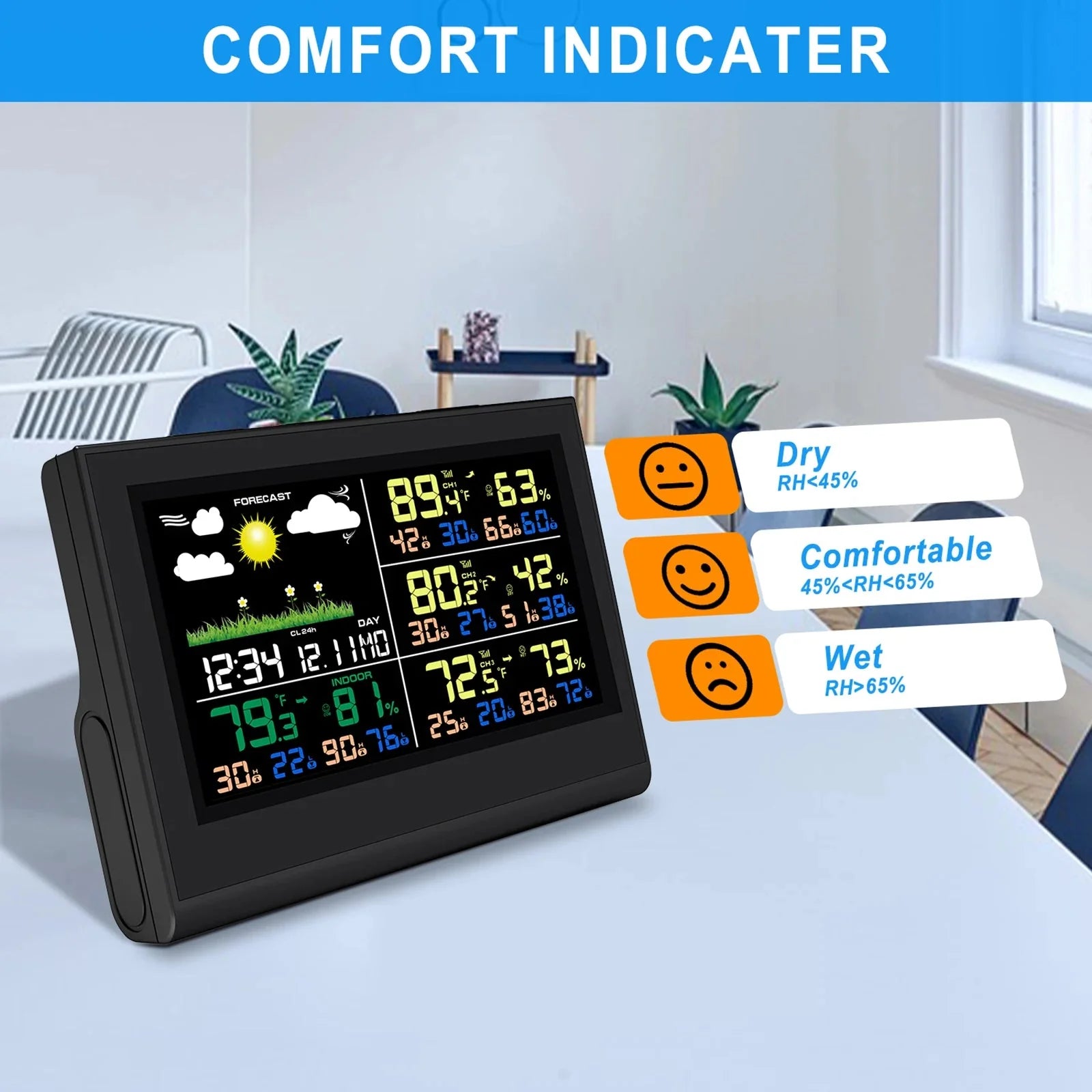 Smart Wireless Weather Station with 3 Sensors Large Color Display Indoor... — View 5