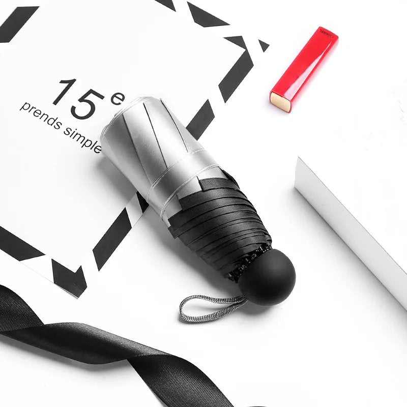 Titanium Silver 8 Ribs Pocket Mini Umbrella: Anti - UV Sun Umbrella, UPF Protection - Quincelle.co