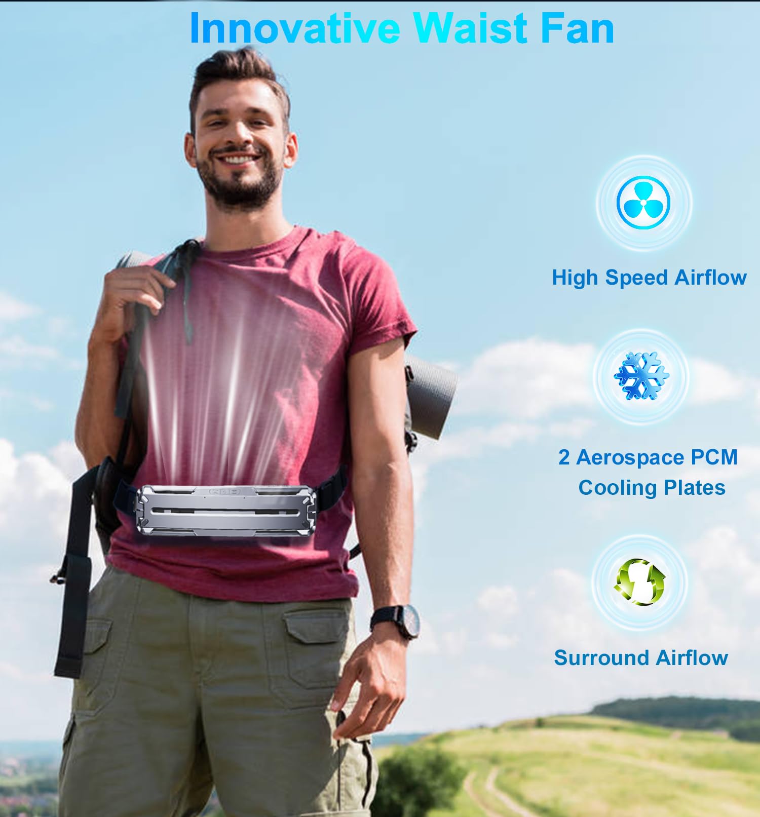 Wearable Waist Belt Fan Rechargeable 10000mAh, Portable Clip - On Cooling Fan 16000RPM 25H Outdoor Camping - Quincelle.co
