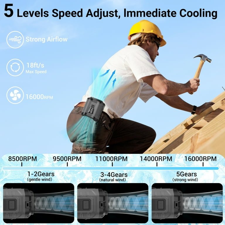 Wearable Waist Belt Fan Rechargeable 10000mAh, Portable Clip - On Cooling Fan 16000RPM 25H Outdoor Camping - Quincelle.co